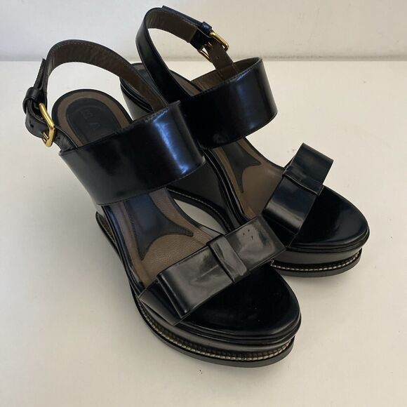 MARNI Sandal Wedge Open Toe Platform Ankle Strap Bow Black Leather 8 - Picture 2 of 10